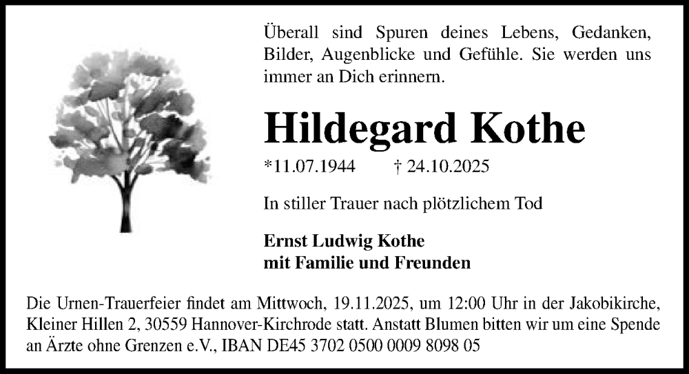  Traueranzeige für Hildegard Kothe vom 15.11.2025 aus Hannoversche Allgemeine Zeitung/Neue Presse