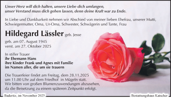 Traueranzeige von Hildegard Lässler von Leipziger Volkszeitung
