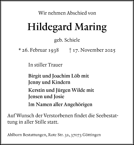 Traueranzeige von Hildegard Maring von Göttinger Tageblatt