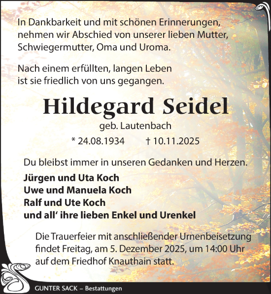 Traueranzeige von Hildegard Seidel von Leipziger Volkszeitung