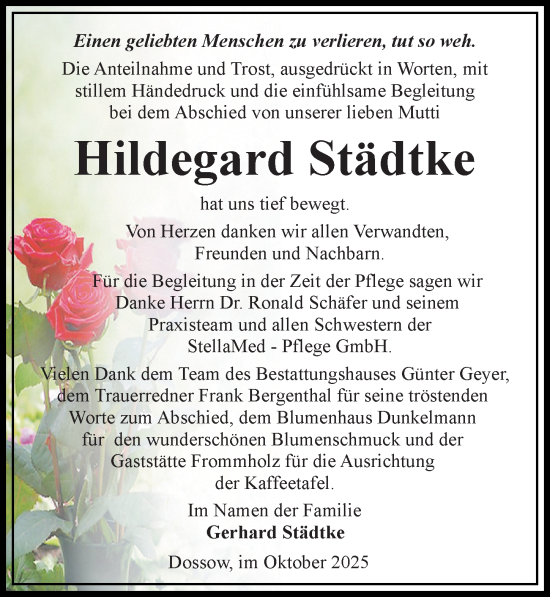 Traueranzeige von Hildegard Städtke von Wochenspiegel