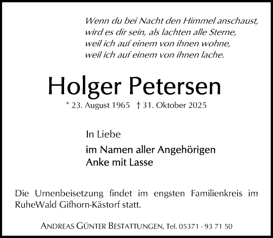 Traueranzeige von Holger Petersen von Aller Zeitung