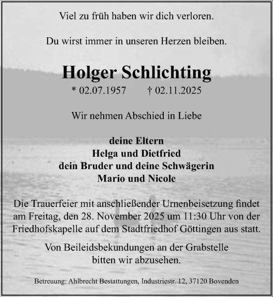 Traueranzeige von Holger Schlichting von Göttinger Tageblatt