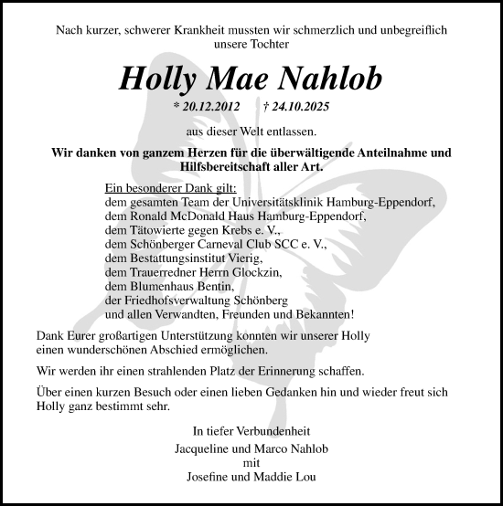Traueranzeige von Holly Mae Nahlob von Ostsee-Zeitung GmbH