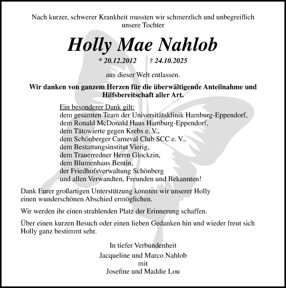  Traueranzeige für Holly Mae Nahlob vom 29.11.2025 aus Ostsee-Zeitung GmbH
