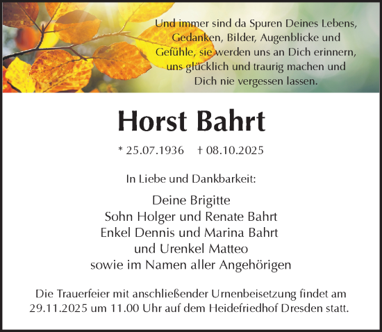 Traueranzeige von Horst Bahrt von Sächsische Zeitung