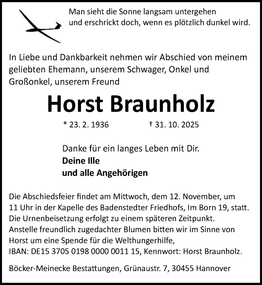  Traueranzeige für Horst Braunholz vom 08.11.2025 aus Hannoversche Allgemeine Zeitung/Neue Presse