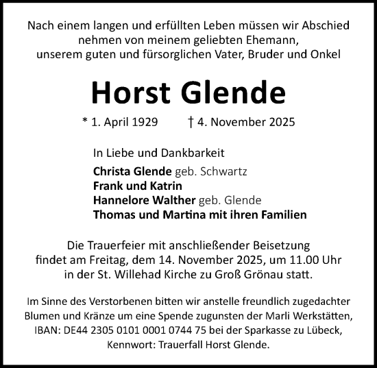 Traueranzeige von Horst Glende von Lübecker Nachrichten