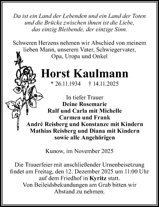 Traueranzeige von Horst Kaulmann von Wochenspiegel