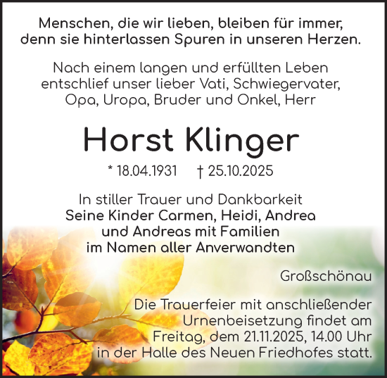 Traueranzeige von Horst Klinger von Sächsische Zeitung