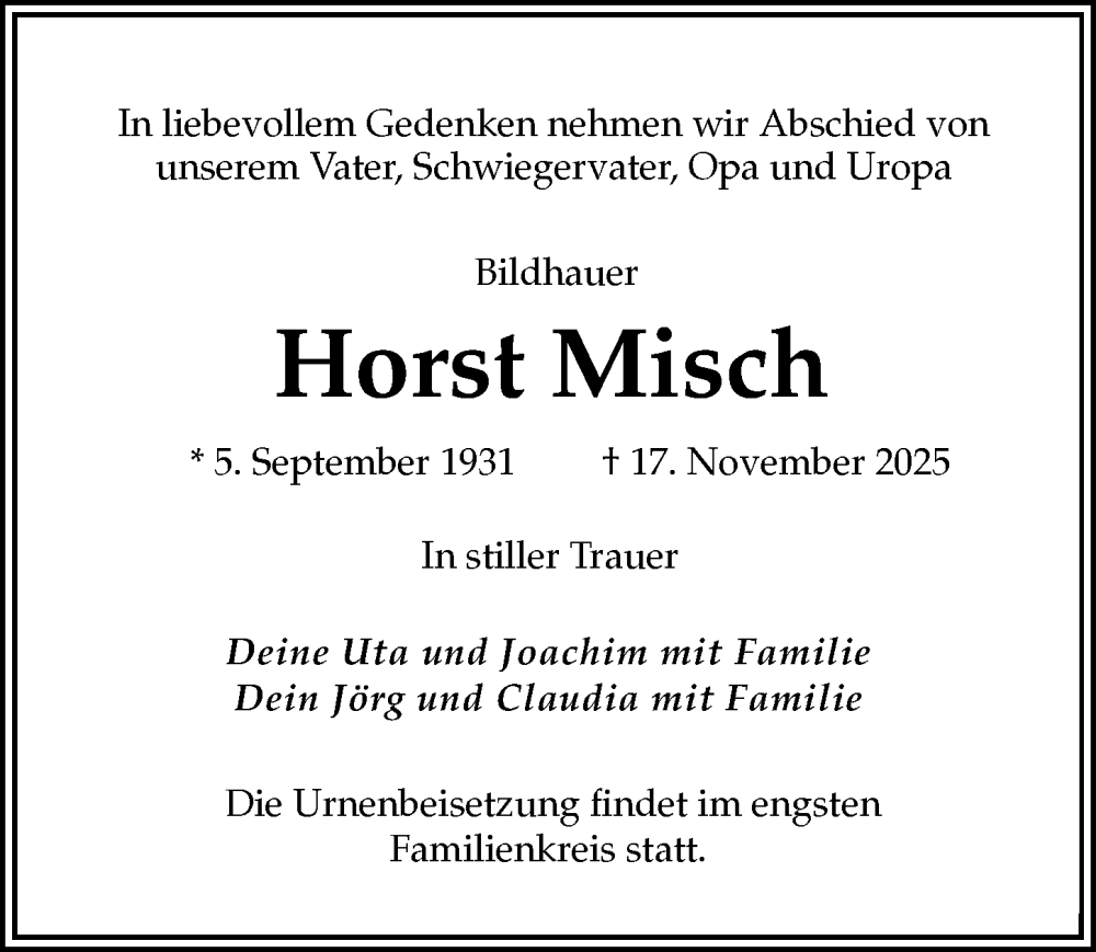 Traueranzeige für Horst Misch vom 22.11.2025 aus Märkischen Allgemeine Zeitung