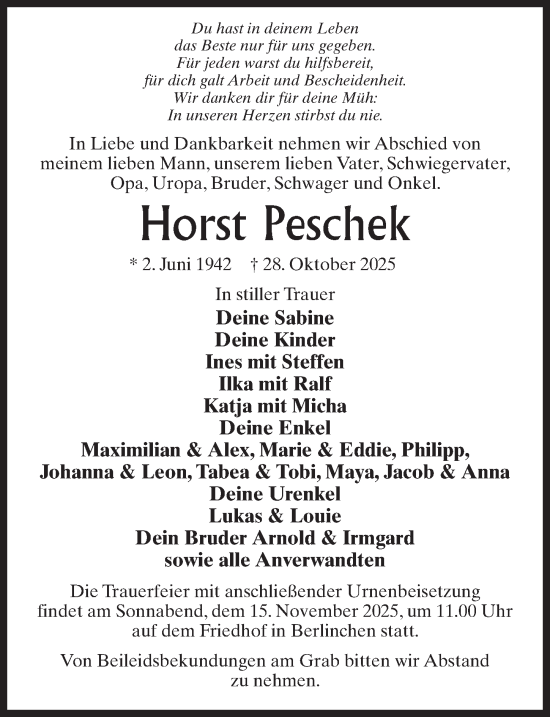 Traueranzeige von Horst Peschek von Wochenspiegel