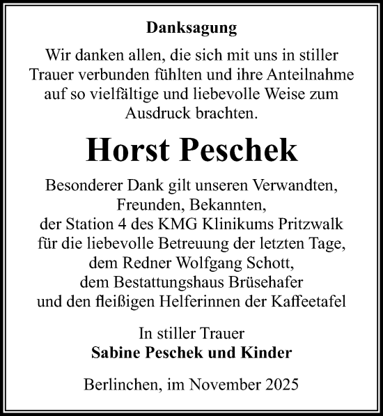 Traueranzeige von Horst Peschek von Wochenspiegel