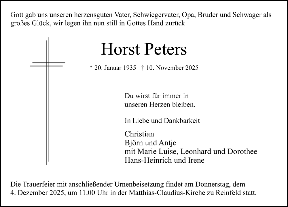  Traueranzeige für Horst Peters vom 22.11.2025 aus Lübecker Nachrichten