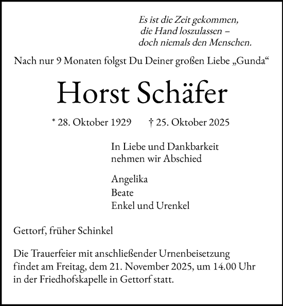 Traueranzeige von Horst Schäfer von Kieler Nachrichten