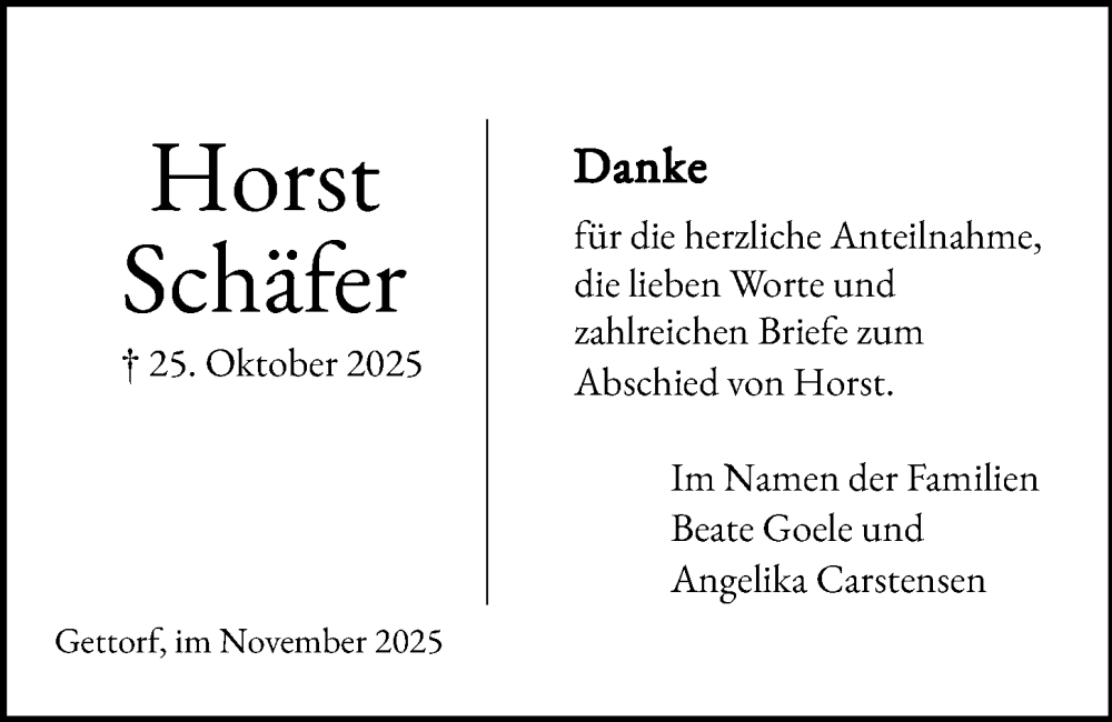  Traueranzeige für Horst Schäfer vom 28.11.2025 aus Kieler Nachrichten