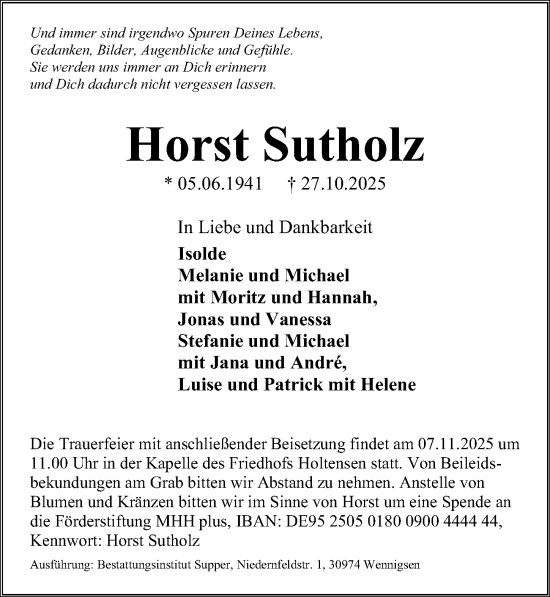 Traueranzeige von Horst Sutholz von Hannoversche Allgemeine Zeitung/Neue Presse