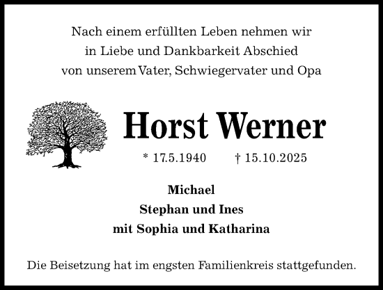 Traueranzeige von Horst Werner von Kieler Nachrichten