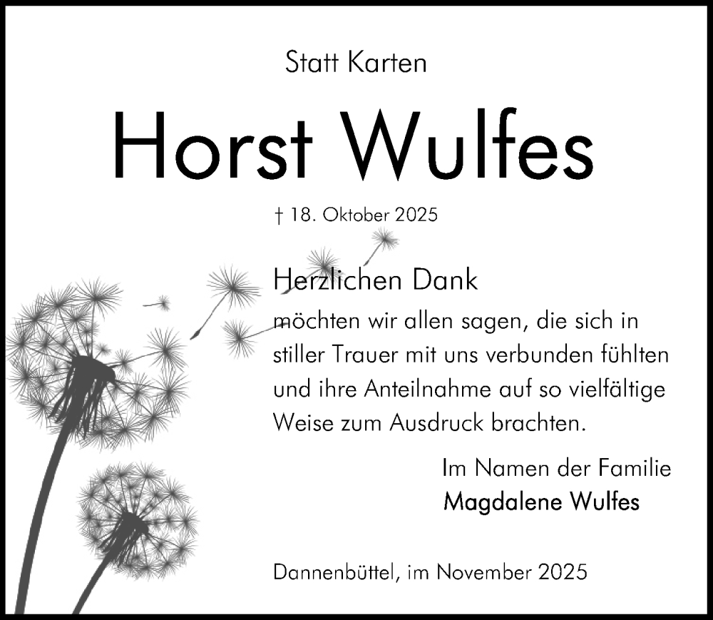  Traueranzeige für Horst Wulfes vom 29.11.2025 aus Aller Zeitung