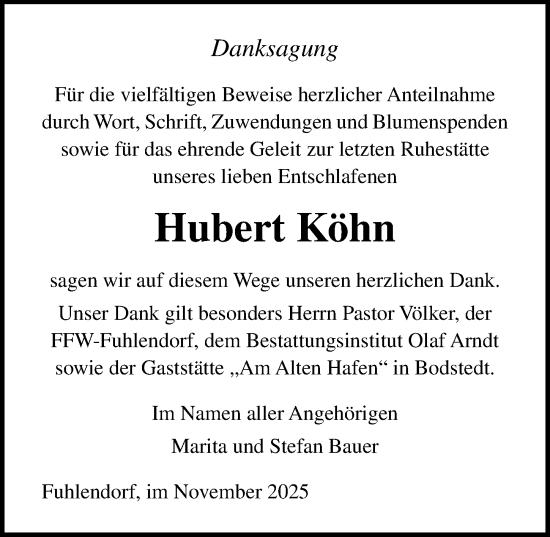 Traueranzeige von Hubert Köhn von Ostsee-Zeitung GmbH