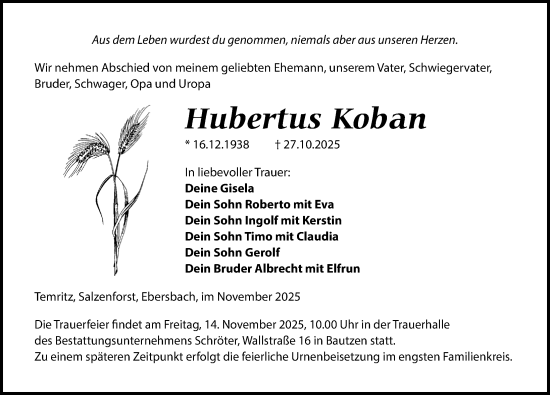 Traueranzeige von Hubertus Koban von Sächsische Zeitung