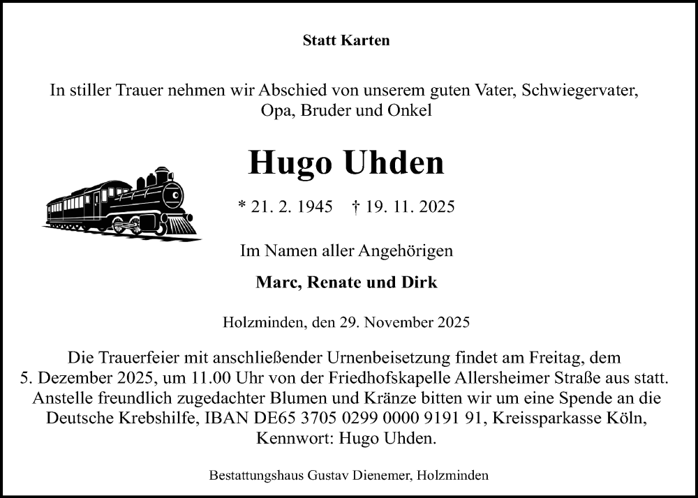  Traueranzeige für Hugo Uhden vom 29.11.2025 aus Täglicher Anzeiger Holzminden