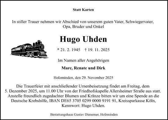 Traueranzeige von Hugo Uhden von Täglicher Anzeiger Holzminden