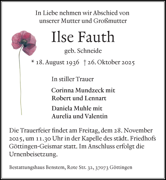 Traueranzeige von Ilse Fauth von Göttinger Tageblatt