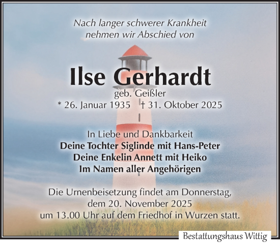 Traueranzeige von Ilse Gerhardt von Leipziger Volkszeitung