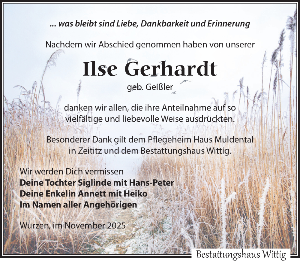  Traueranzeige für Ilse Gerhardt vom 29.11.2025 aus Leipziger Volkszeitung