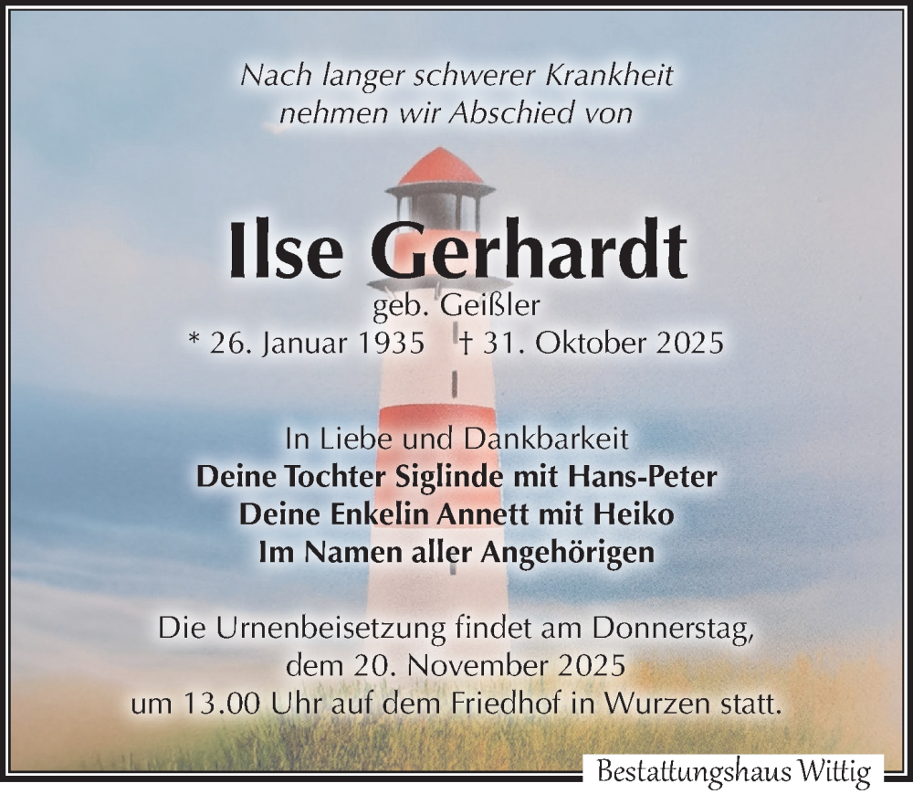  Traueranzeige für Ilse Gerhardt vom 15.11.2025 aus Leipziger Volkszeitung