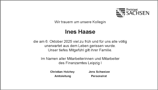 Traueranzeige von Ines Haase von Leipziger Volkszeitung