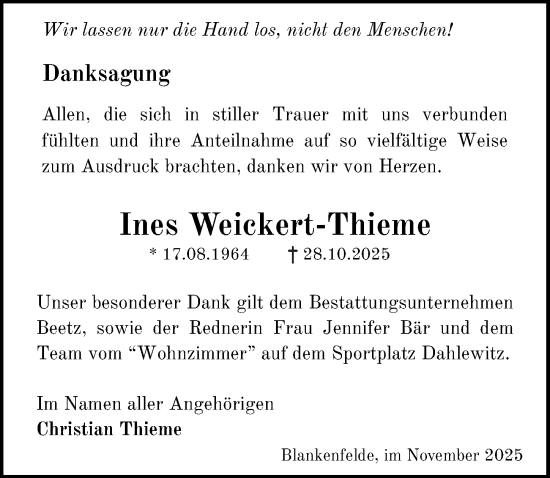 Traueranzeige von Ines Weickert-Thieme von Märkischen Allgemeine Zeitung