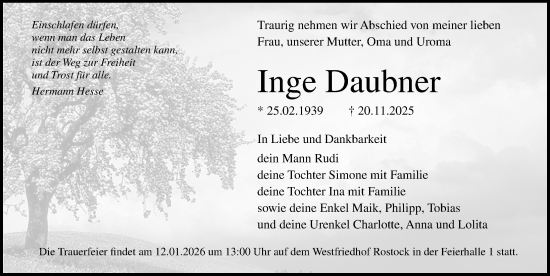 Traueranzeige von Inge Daubner von Ostsee-Zeitung GmbH