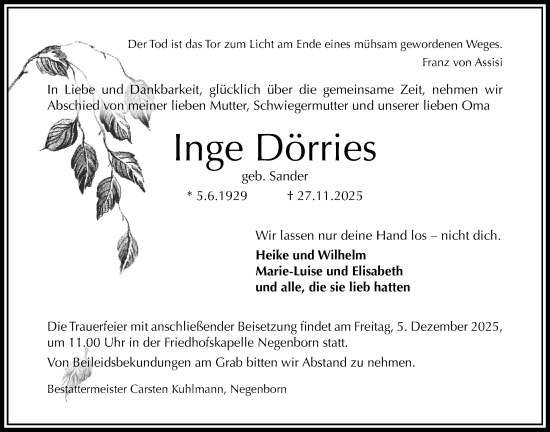 Traueranzeige von Inge Dörries von Täglicher Anzeiger Holzminden