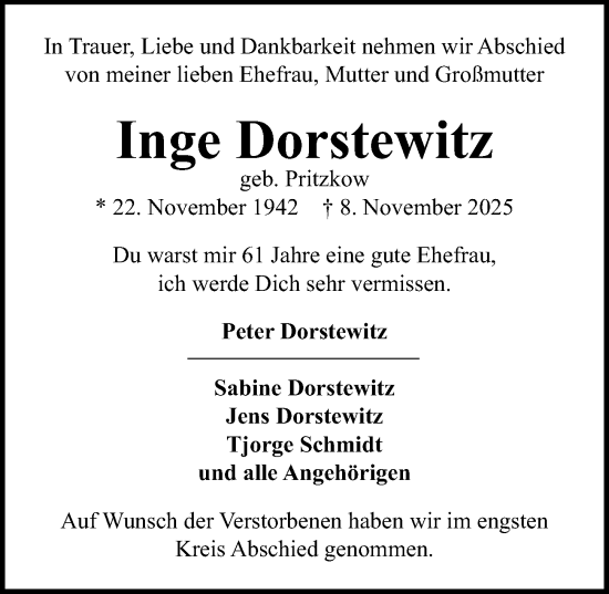 Traueranzeige von Inge Dorstewitz von Lübecker Nachrichten