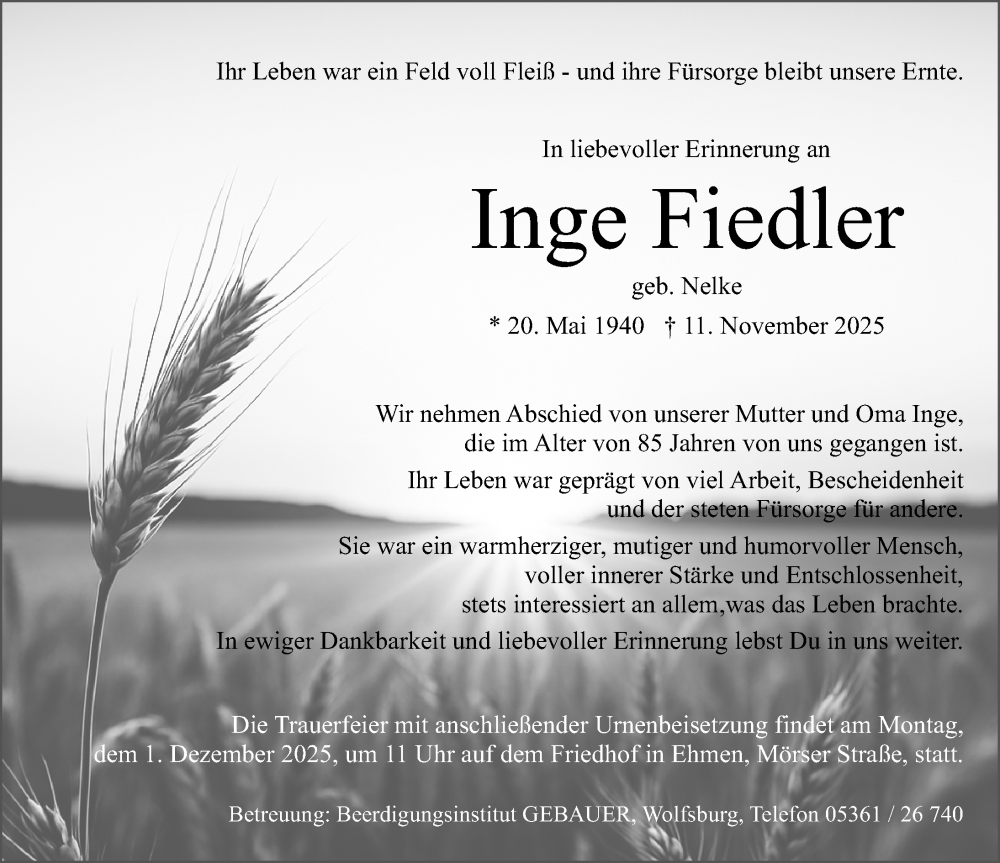  Traueranzeige für Inge Fiedler vom 29.11.2025 aus Aller Zeitung