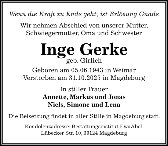 Traueranzeige von Inge Gerke von Wochenspiegel