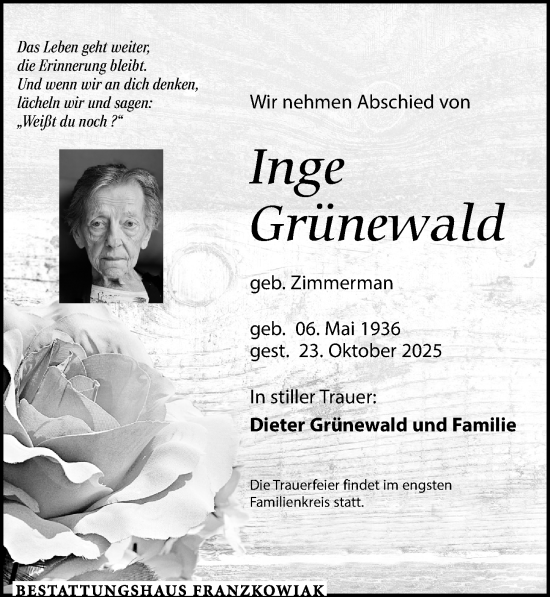 Traueranzeige von Inge Grünewald von Leipziger Volkszeitung