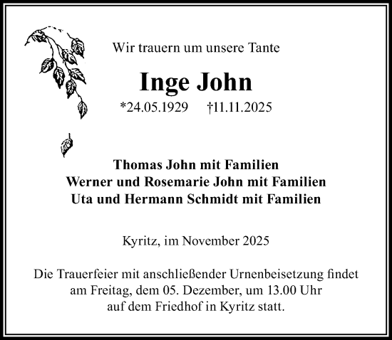 Traueranzeige von Inge John von Wochenspiegel