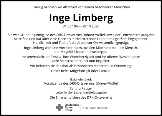 Traueranzeige von Inge Limberg von Hannoversche Allgemeine Zeitung/Neue Presse