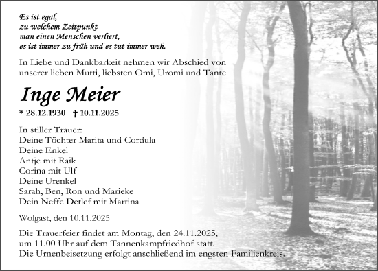 Traueranzeige von Inge Meier von Ostsee-Zeitung GmbH