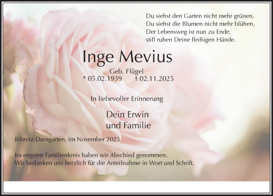 Traueranzeige von Inge Mevius von Ostsee-Zeitung GmbH