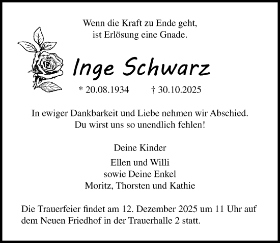Traueranzeige von Inge Schwarz von Ostsee-Zeitung GmbH