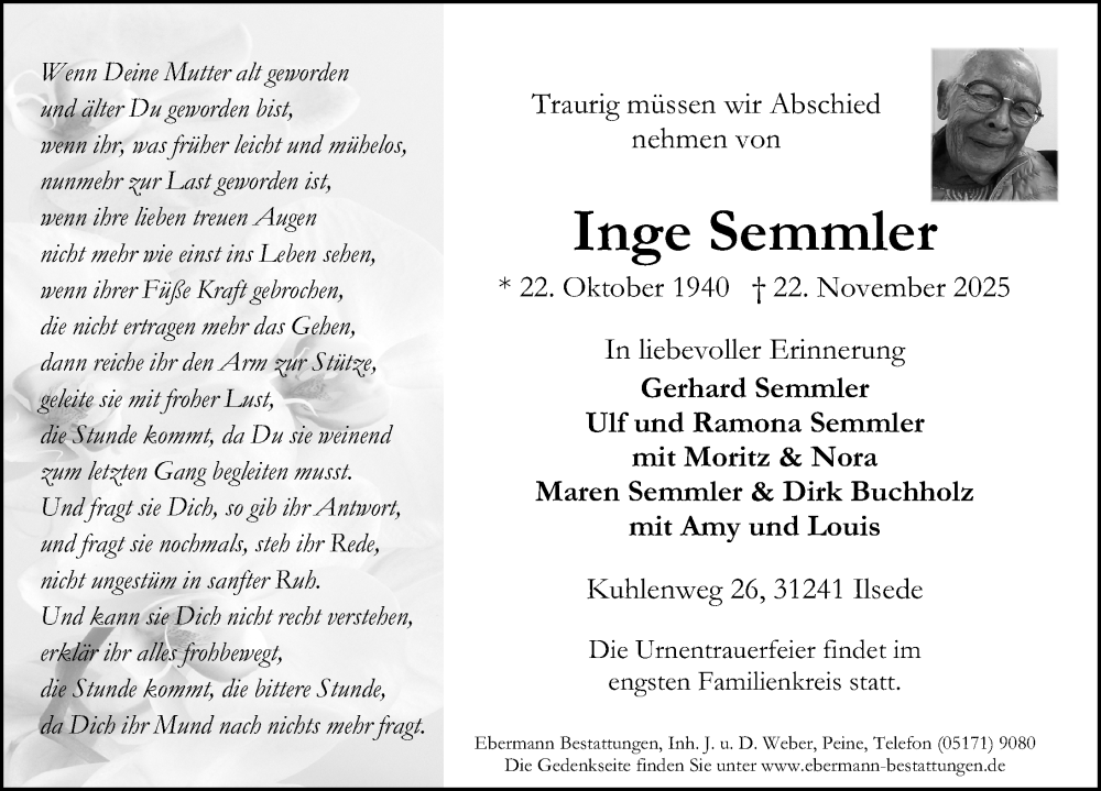  Traueranzeige für Inge Semmler vom 29.11.2025 aus Peiner Allgemeine Zeitung
