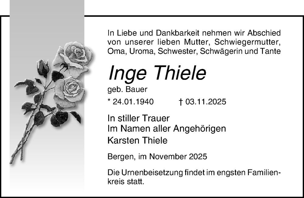  Traueranzeige für Inge Thiele vom 08.11.2025 aus Ostsee-Zeitung GmbH