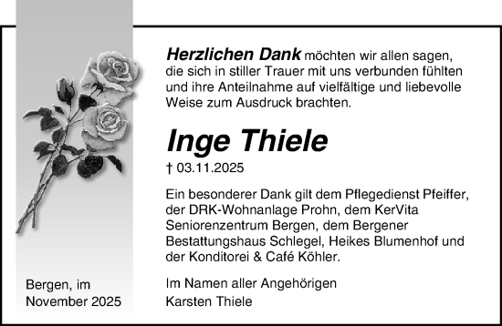 Traueranzeige von Inge Thiele von Ostsee-Zeitung GmbH