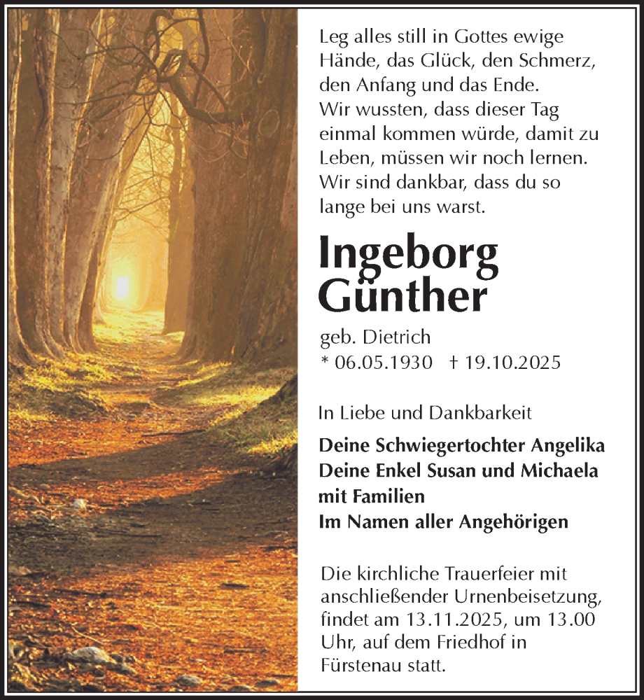  Traueranzeige für Ingeborg Günther vom 08.11.2025 aus Sächsische Zeitung