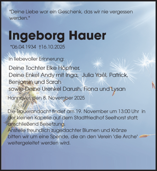 Traueranzeige von Ingeborg Hauer von Hannoversche Allgemeine Zeitung/Neue Presse