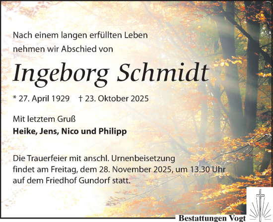 Traueranzeige von Ingeborg Schmidt von Leipziger Volkszeitung